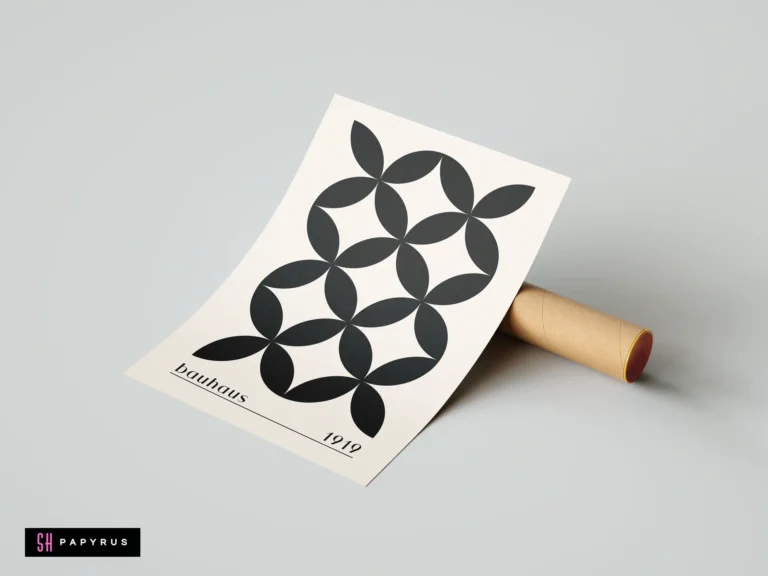 Minimalist black geometric petal pattern Bauhaus 1919 wall art print on cream background paper.
