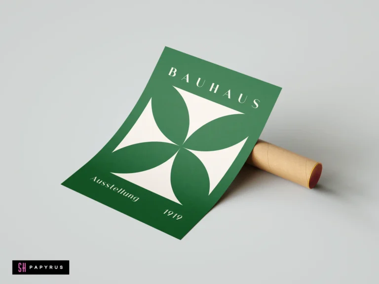 Vintage green Bauhaus Ausstellung 1919 wall art featuring white minimalist geometric floral pattern design.