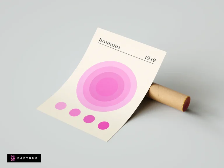 Bauhaus 1919 poster print featuring pink concentric circles and abstract geometric shapes on cream background.