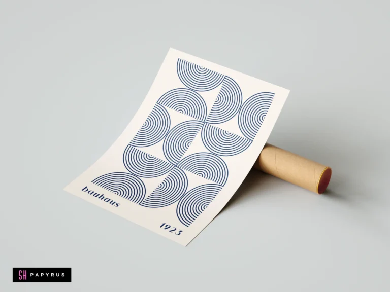 Minimalist Bauhaus 1923 poster featuring blue geometric concentric half circles on cream background print.
