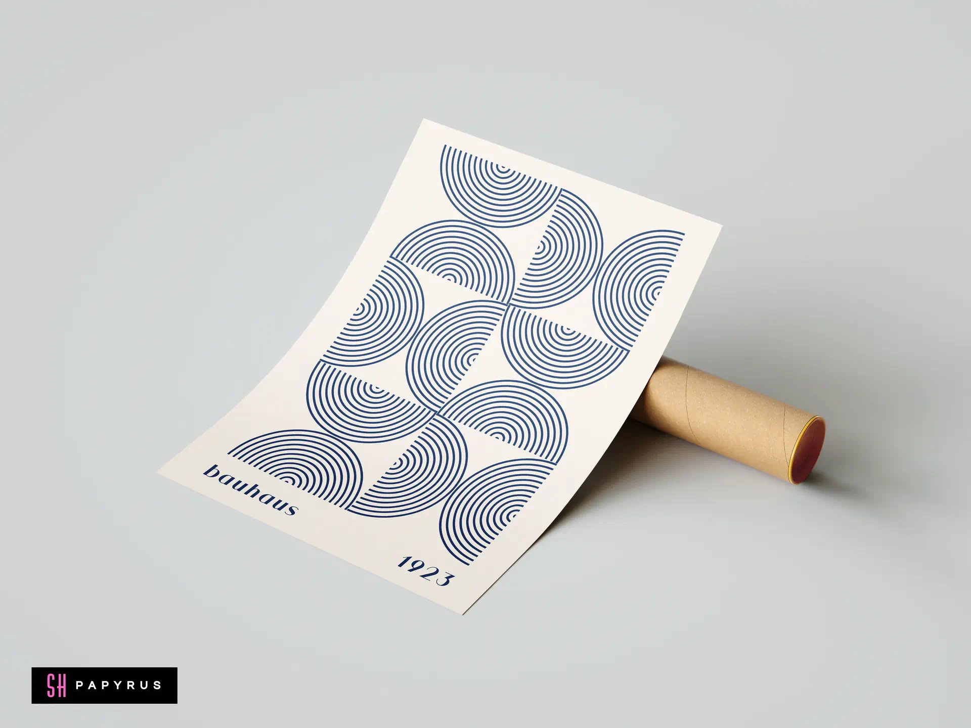 Minimalist Bauhaus 1923 poster featuring blue geometric concentric half circles on cream background print.