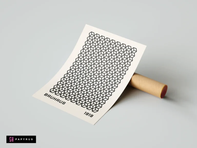 Cream Bauhaus art print with black geometric cubes leaning against a brown mailing tube.