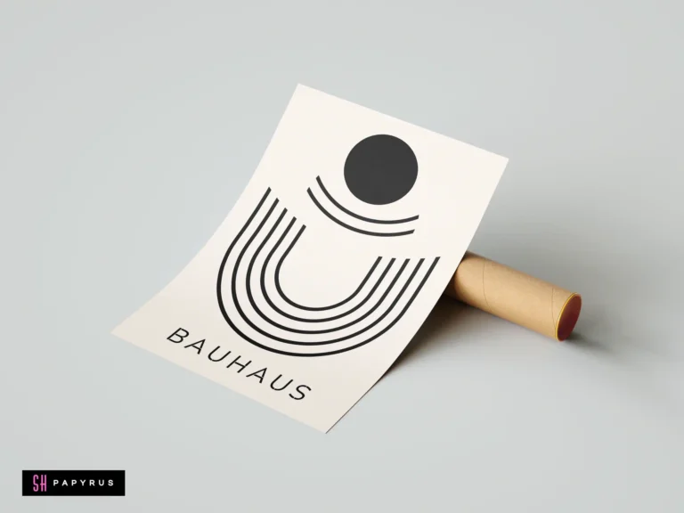 Minimalist Bauhaus wall art poster featuring black geometric arches and circle on off-white background.