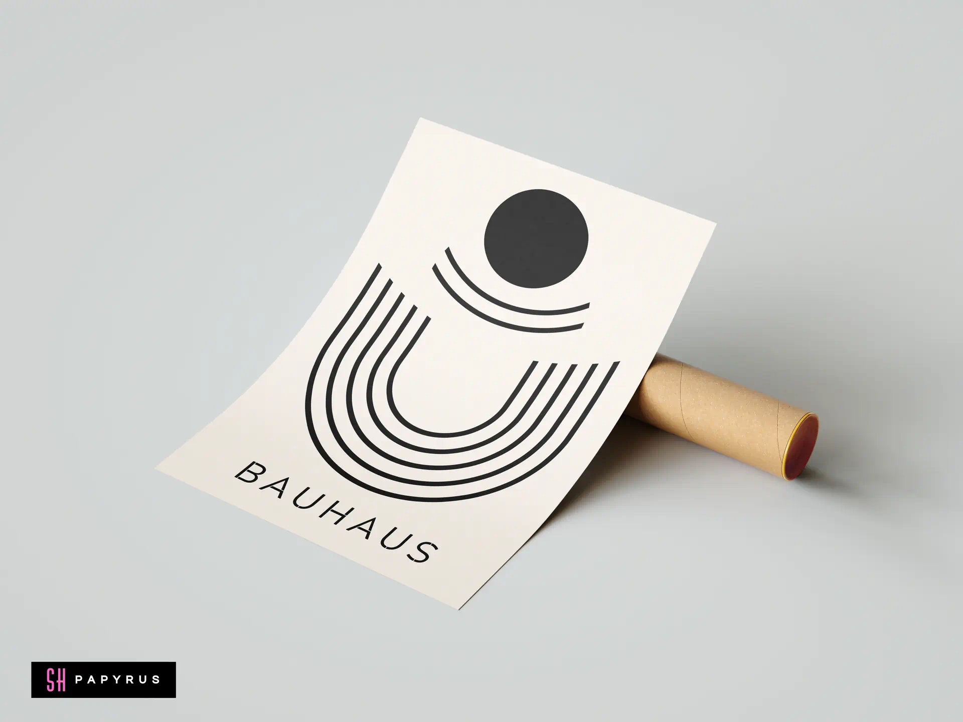 Minimalist Bauhaus wall art poster featuring black geometric arches and circle on off-white background.