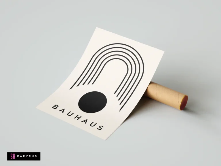 Minimalist Bauhaus wall art print with black geometric arches and circle on cream paper.