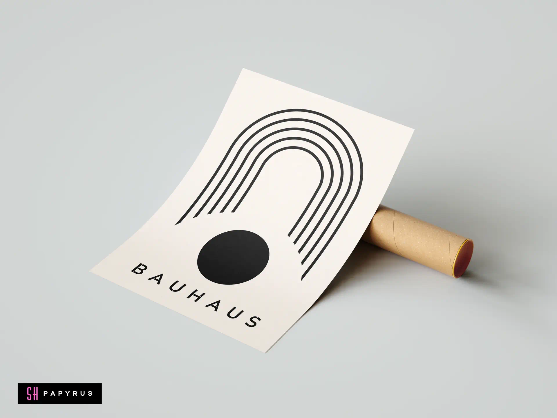 Minimalist Bauhaus wall art print with black geometric arches and circle on cream paper.