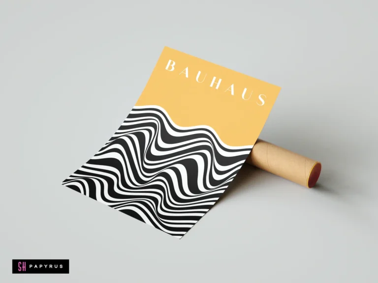 Yellow mid-century Bauhaus print featuring minimalist typography and abstract black and white wavy lines.