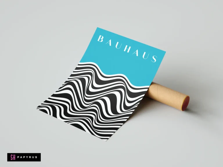 Abstract Bauhaus wall art featuring vibrant blue and wavy black and white geometric patterns.