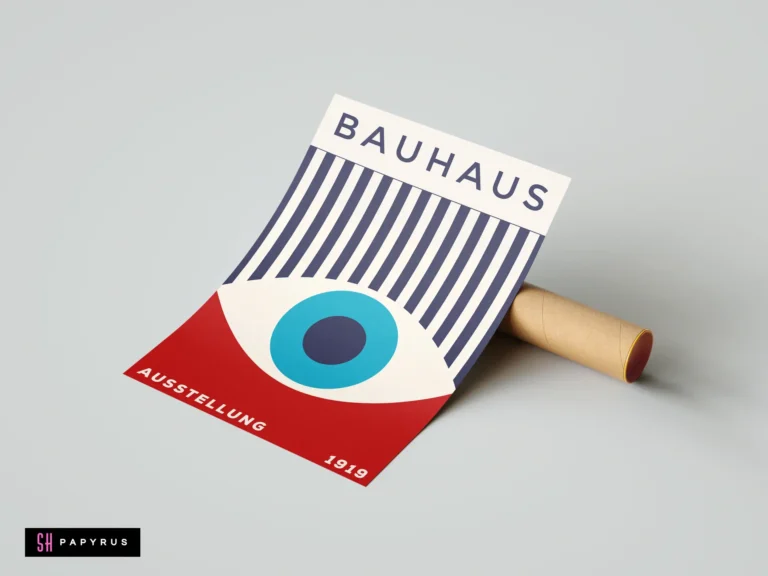 Bauhaus exhibition wall art print featuring a geometric eye with red, blue, and navy stripes.