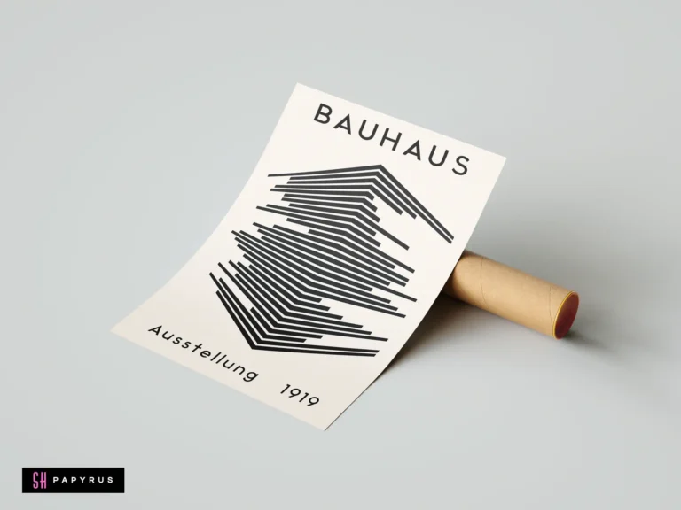 Minimalist Bauhaus 1919 Ausstellung geometric print featuring black line art on cream paper background.