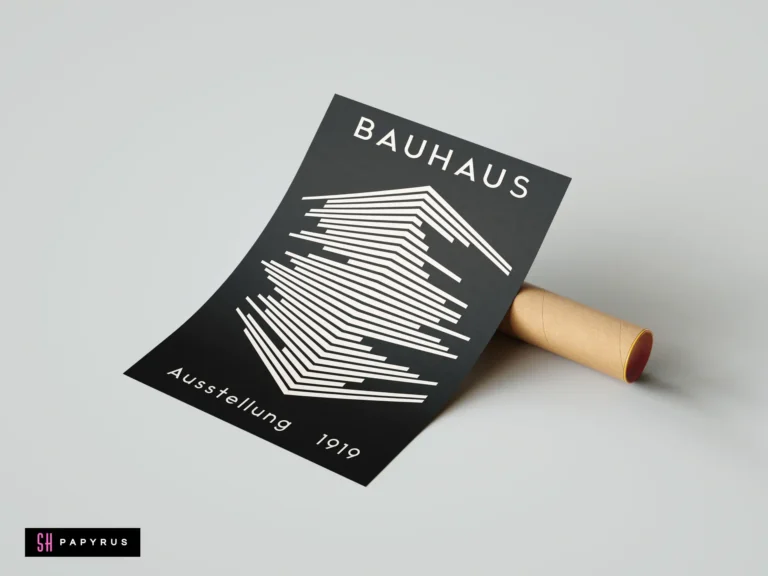 Minimalist black and white Bauhaus 1919 exhibition poster featuring geometric lines and bold typography.