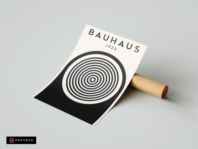 Minimalist Bauhaus 1923 wall art poster showcasing black concentric circles on cream paper background.