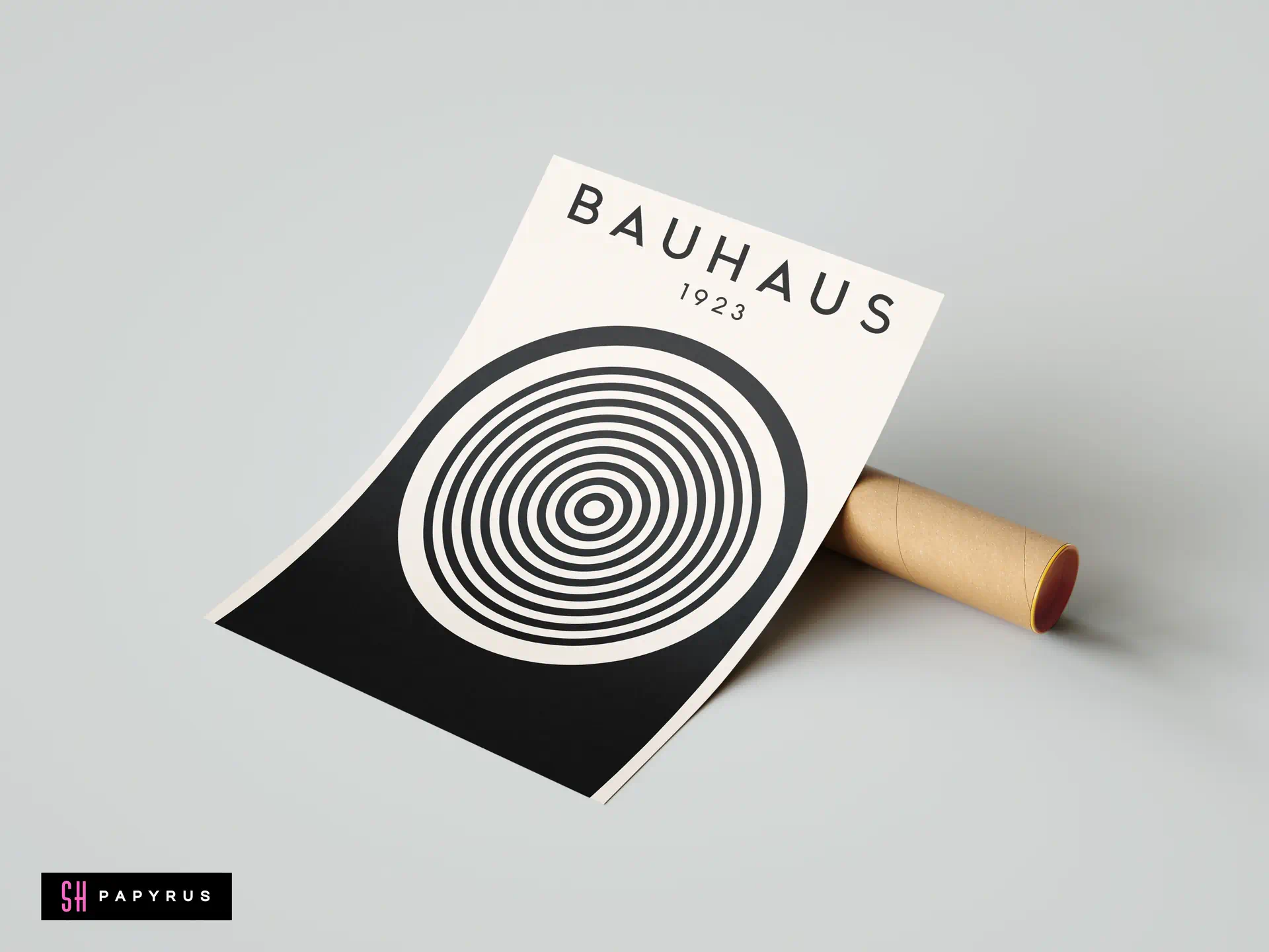 Minimalist Bauhaus 1923 wall art poster showcasing black concentric circles on cream paper background.