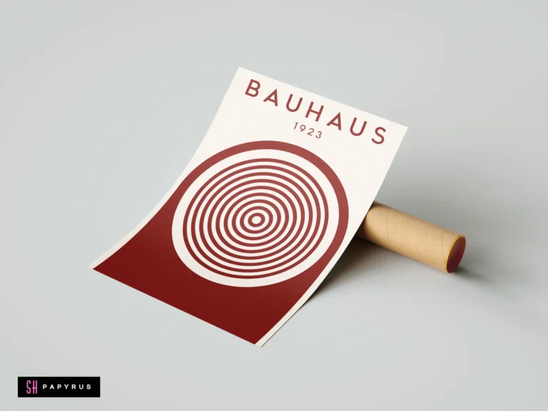 Minimalist Bauhaus 1923 wall art featuring red concentric circles on a cream background.