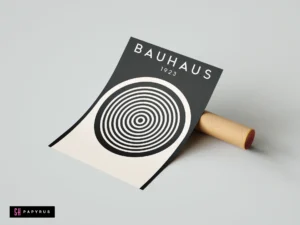 Minimalist black and cream Bauhaus 1923 poster featuring geometric concentric circles and bold typography.