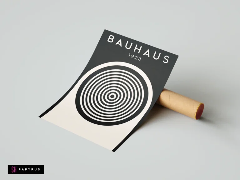 Minimalist black and cream Bauhaus 1923 poster featuring geometric concentric circles and bold typography.