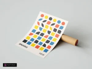 Minimalist Bauhaus 1919 wall art print featuring colorful primary geometric shapes on cream paper.