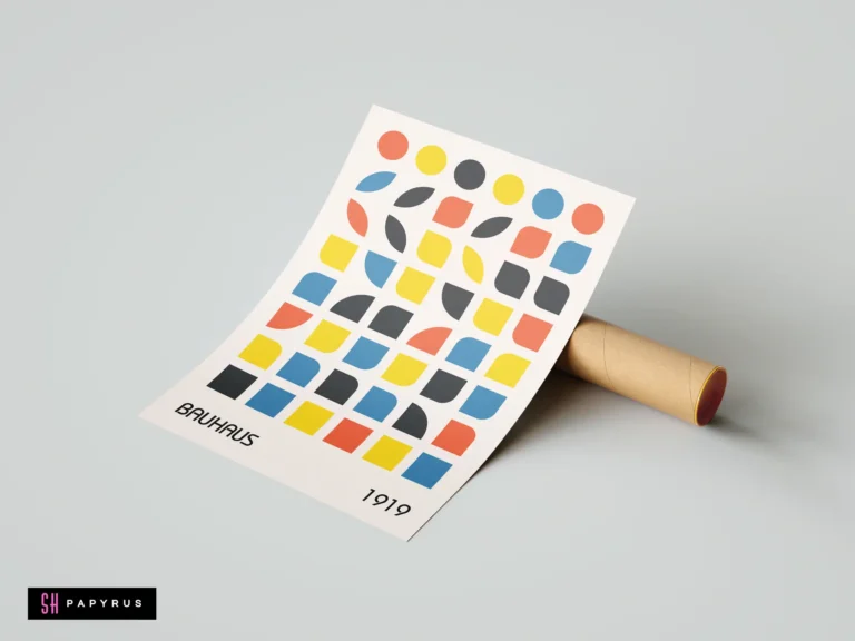 Minimalist Bauhaus 1919 wall art print featuring colorful primary geometric shapes on cream paper.