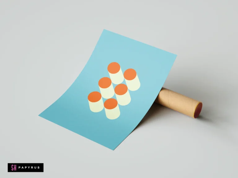 Geometric Bauhaus art print featuring orange and cream cylinders on a light blue background.