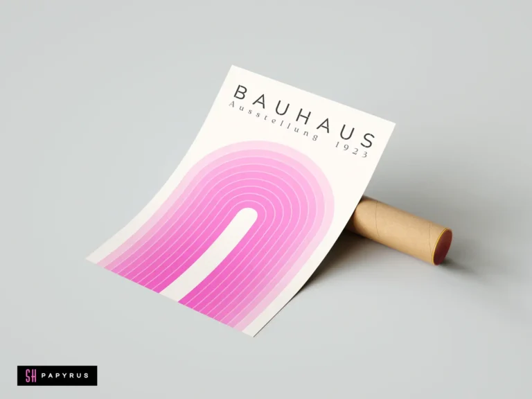 Minimalist pink Bauhaus Ausstellung 1923 wall art featuring a modern geometric arched gradient design.