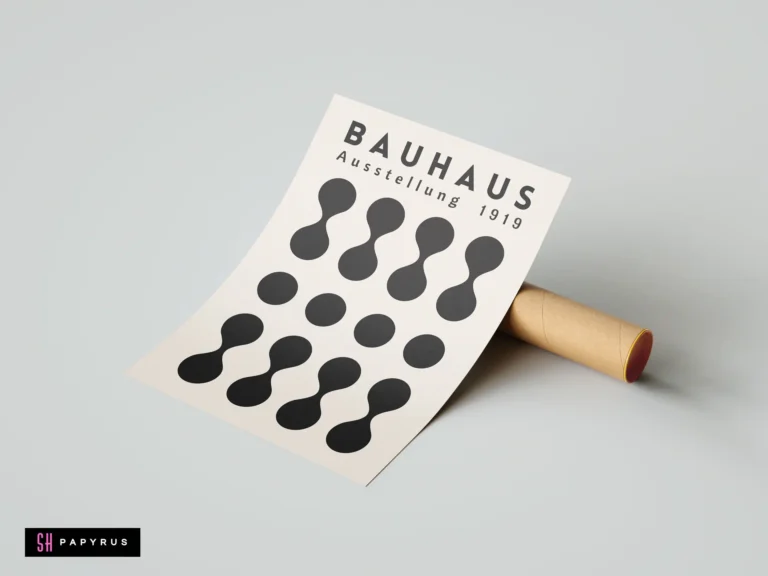Bauhaus exhibition 1919 wall art print with minimalist black abstract shapes on cream background.
