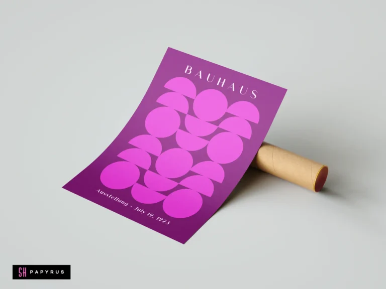 Abstract pink and purple Bauhaus exhibition wall art print with geometric circle and semicircle patterns.