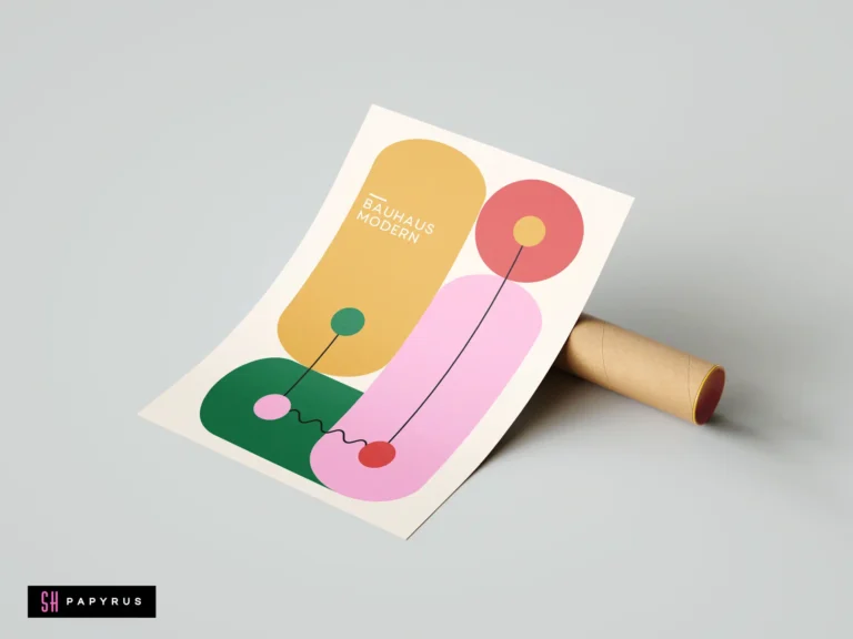 Abstract Bauhaus wall art print featuring geometric shapes in yellow, pink, green, and coral colors.