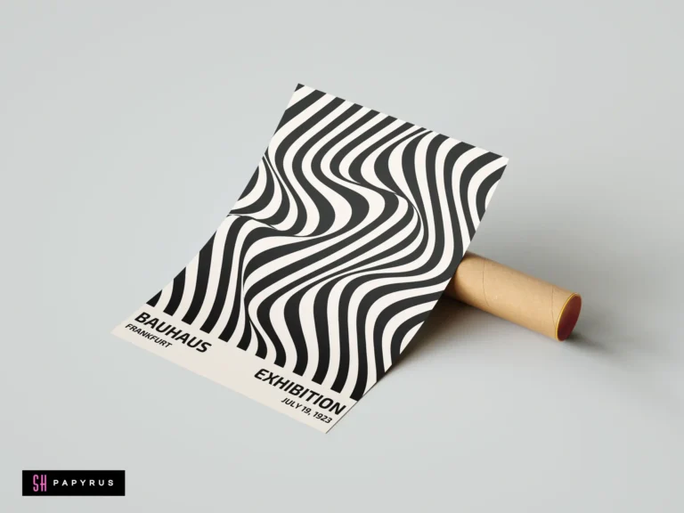 Modern Bauhaus Frankfurt Exhibition wall art print featuring wavy black and white abstract optical patterns.