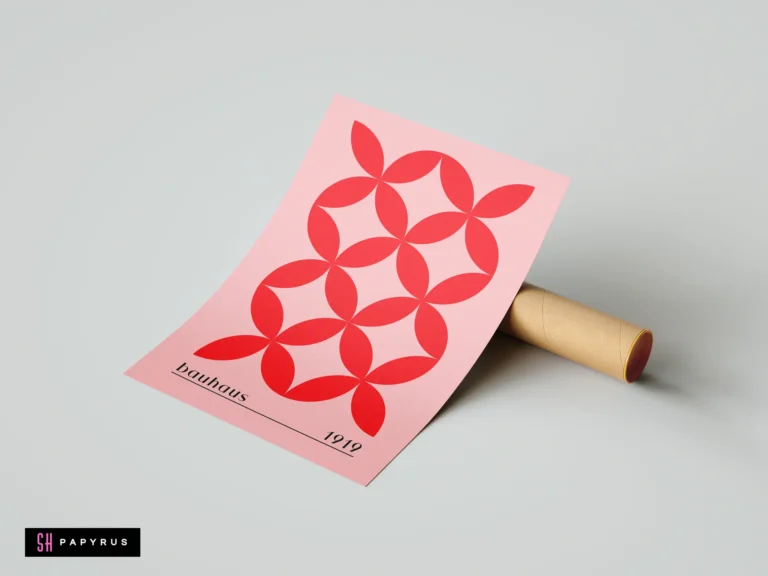Geometric red petal art print on pink background featuring Bauhaus 1919 vintage minimalist design.