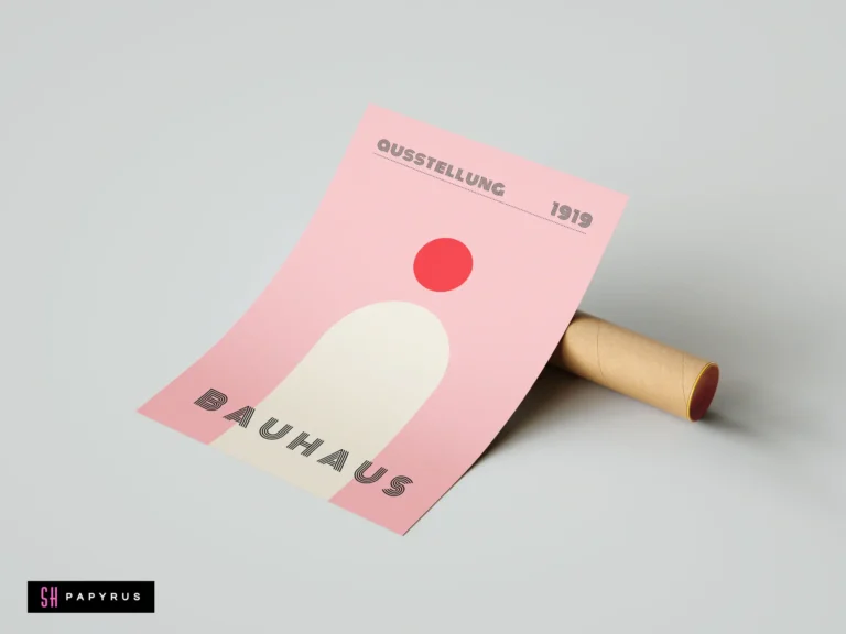 Minimalist Bauhaus Exhibition 1919 pink wall art print featuring a red circle and cream arch.