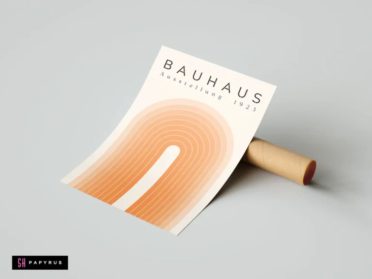 Modern Bauhaus wall art featuring a minimalist orange geometric arch print on cream paper.