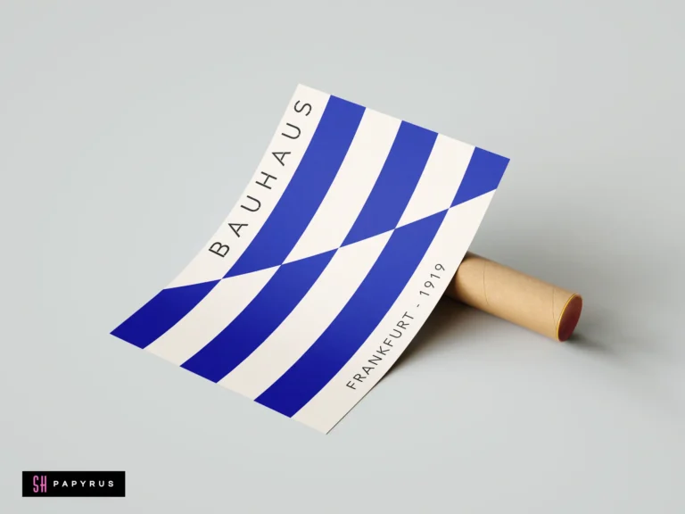 Blue and white Bauhaus Frankfurt 1919 geometric abstract wall art print on shipping tube.