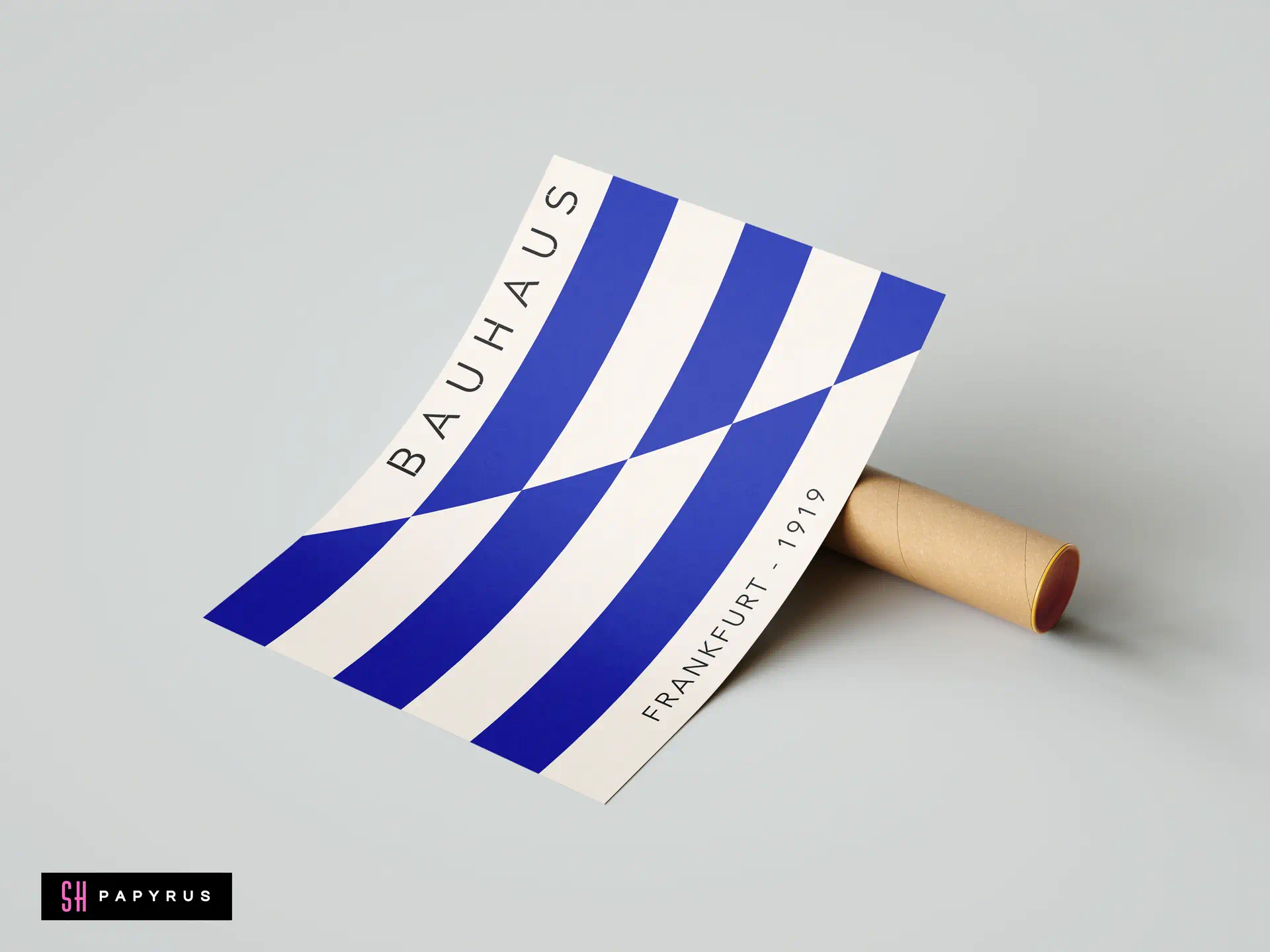 Blue and white Bauhaus Frankfurt 1919 geometric abstract wall art print on shipping tube.