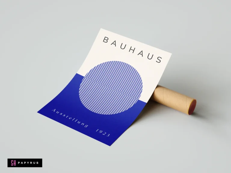 Minimalist blue and cream Bauhaus Exhibition 1923 wall art print featuring geometric striped circle.