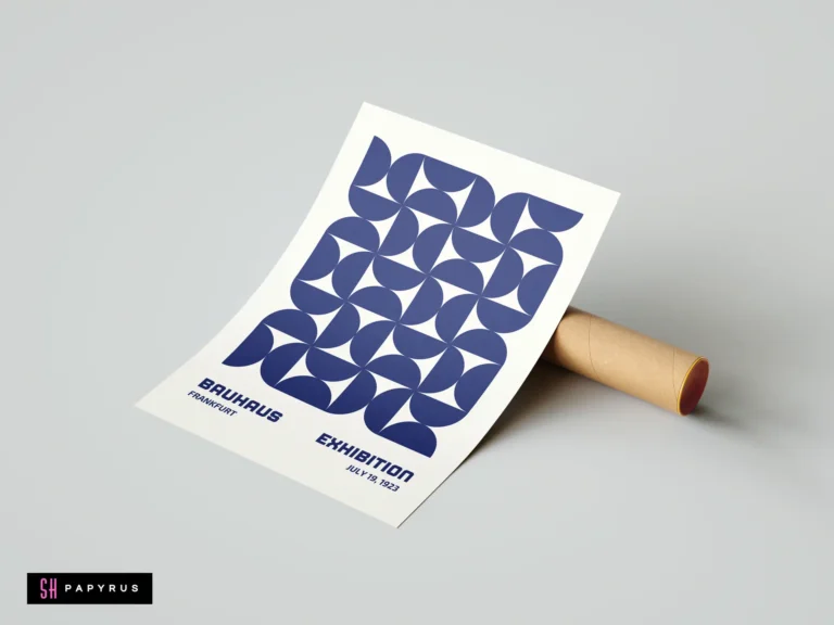 Navy blue Bauhaus Frankfurt exhibition art poster with geometric semicircles on a white background.