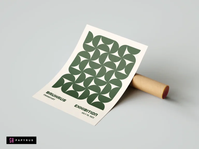 Bauhaus Exhibition Frankfurt green geometric wall art print featuring semi-circle designs on cream background.