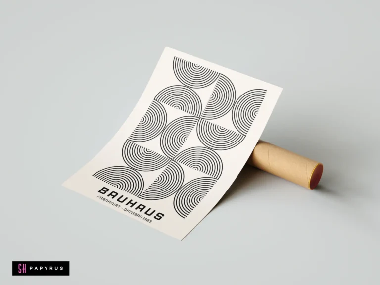 Vintage Bauhaus Frankfurt exhibition poster with black geometric patterns on cream paper propped on tube.