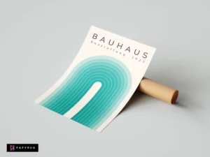 Minimalist Bauhaus exhibition 1923 poster featuring a teal geometric arch abstract art print design.