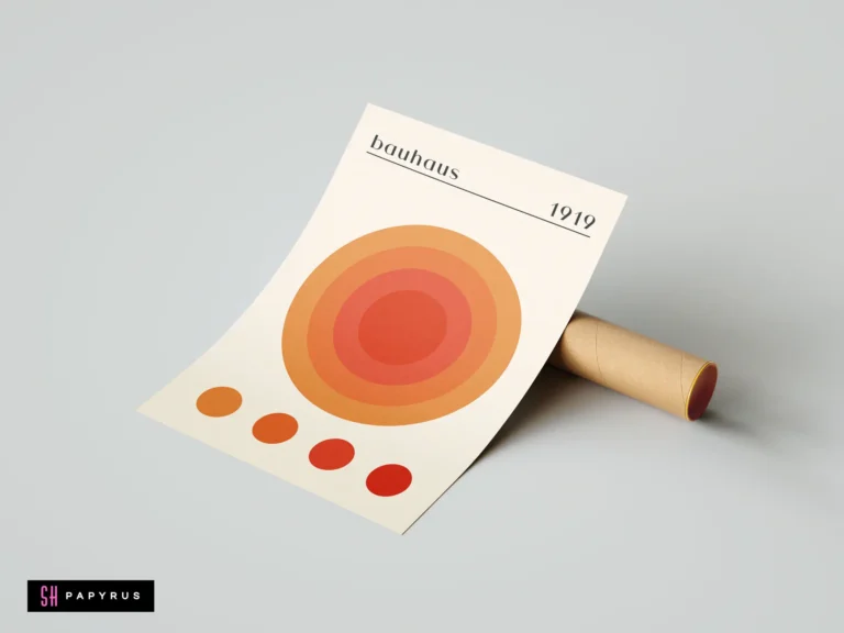 Retro Bauhaus 1919 wall art featuring orange and red concentric circles on cream paper.