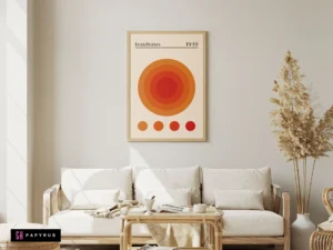 Retro Bauhaus wall art featuring orange and red concentric circles in a neutral living room.