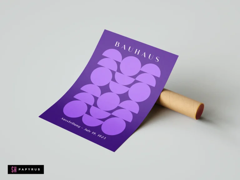 Purple Bauhaus exhibition poster with minimalist lavender circles and semicircles in geometric wall art style.
