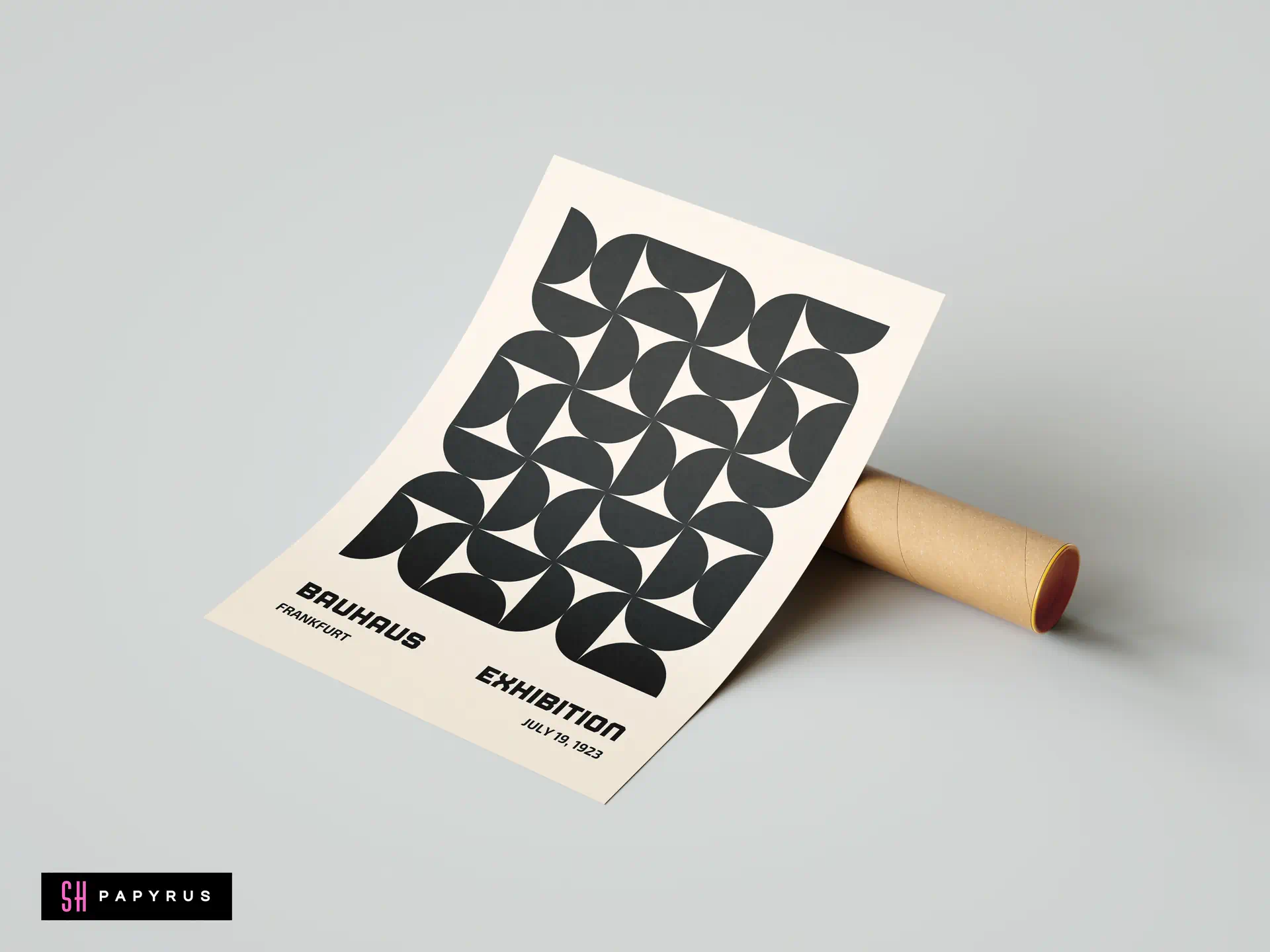 Bauhaus 1923 exhibition wall art print featuring black geometric semicircles on cream paper.