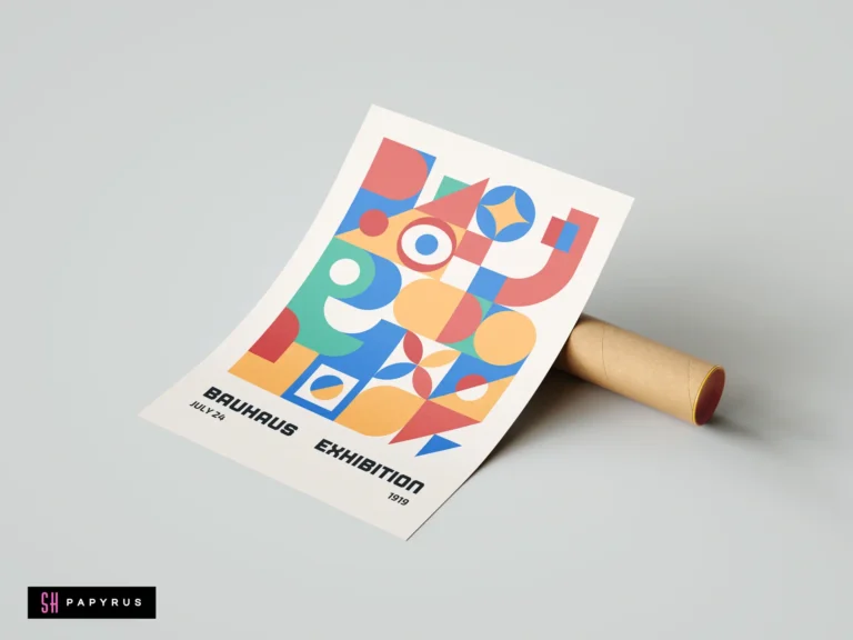 Modernist Bauhaus poster showcasing primary colored abstract geometric shapes and circles on cream paper.
