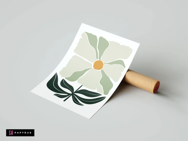 Abstract sage and white daisy wall art with botanical dark green leaves in bohemian style.