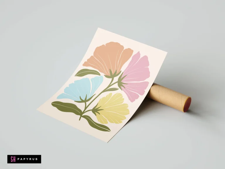 Bohemian wall art print featuring a minimalist botanical bouquet in vibrant pastel colors.
