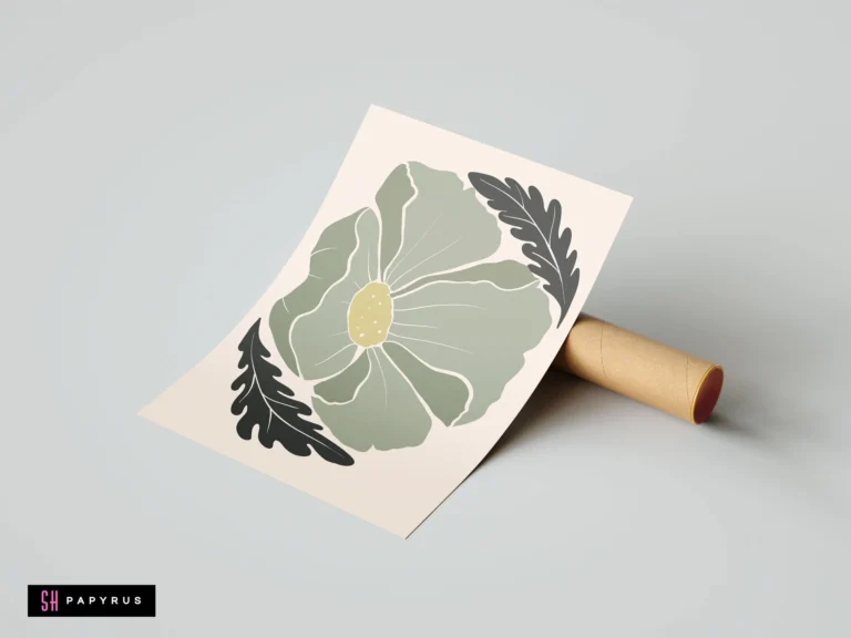 Bohemian style muted sage green poppy illustration art with minimalist floral design and dark leaves.