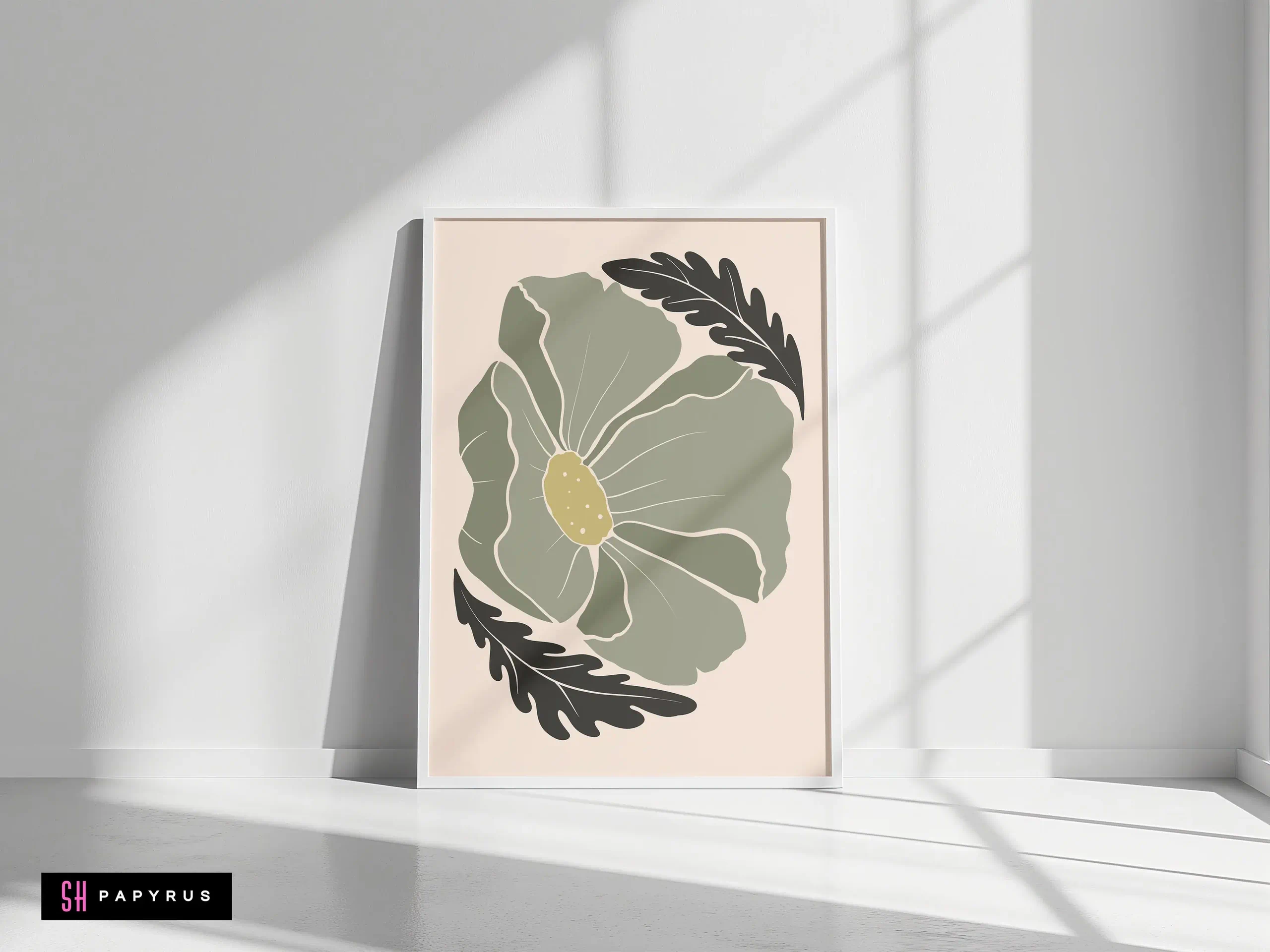 Elegant Muted Sage Green Poppy Illustration Art