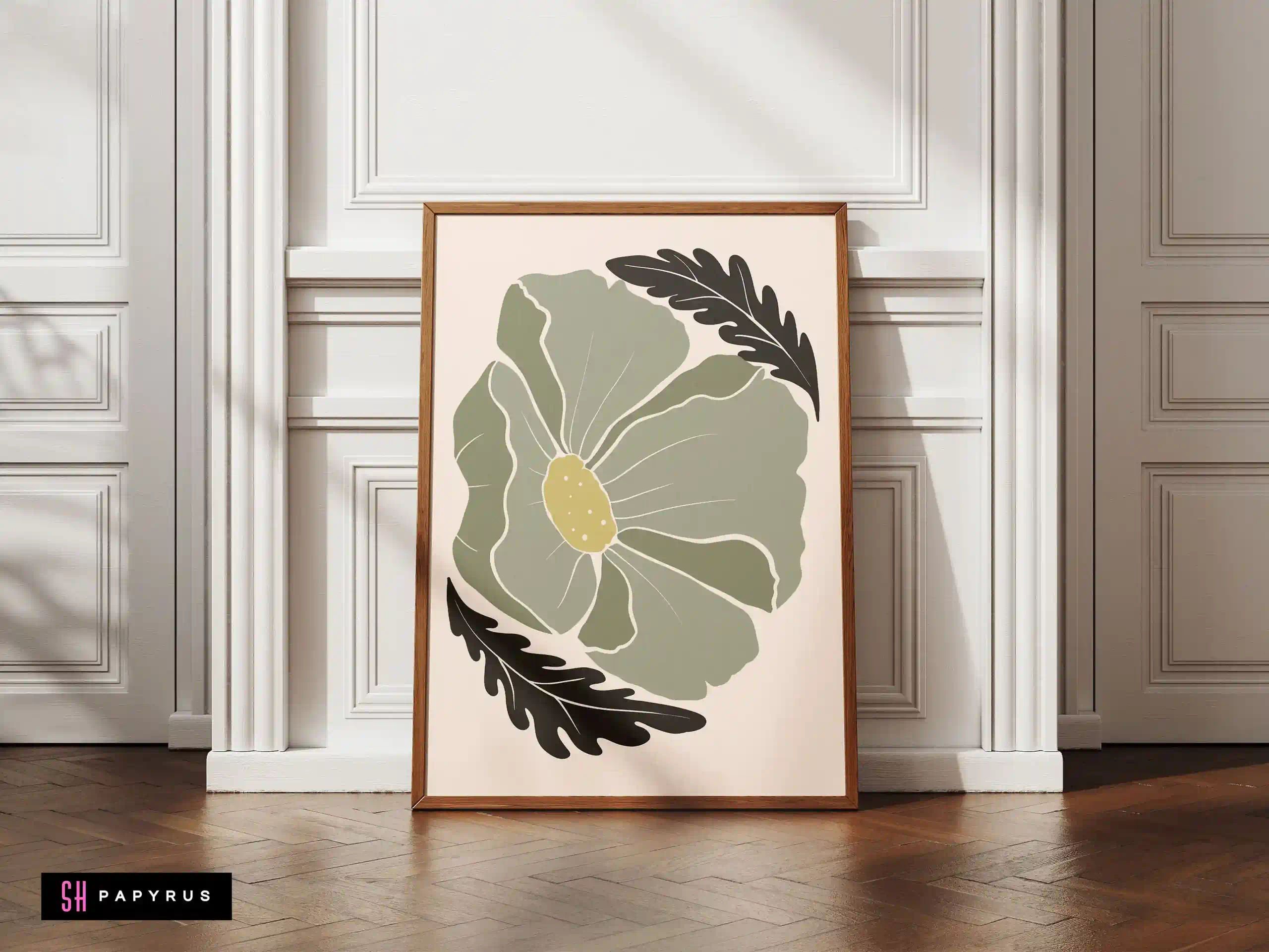 Elegant Muted Sage Green Poppy Illustration Art