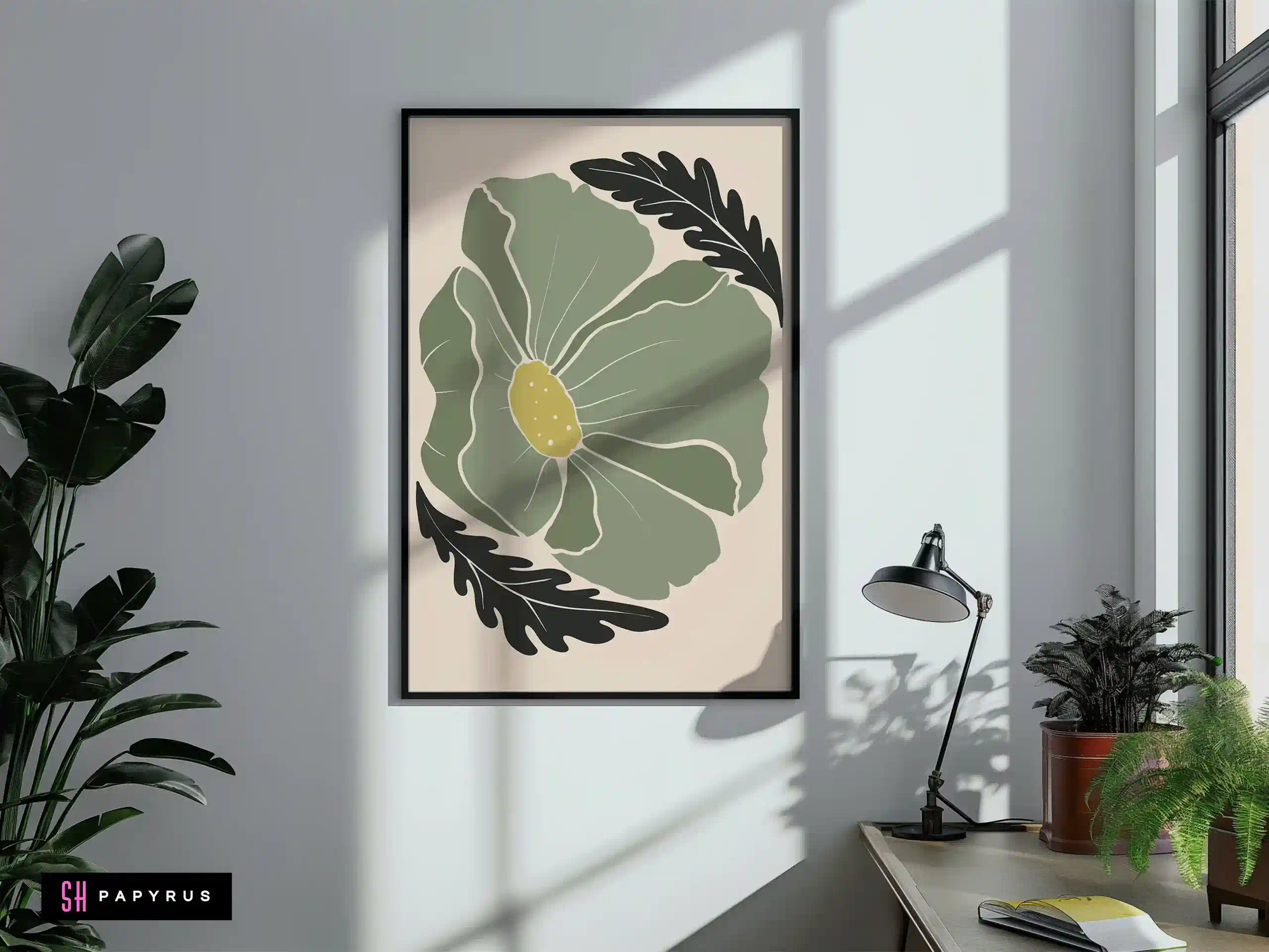 Elegant Muted Sage Green Poppy Illustration Art