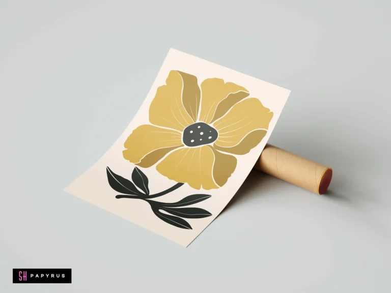 Striking golden mustard abstract flower wall art with minimalist black leaves in bohemian style